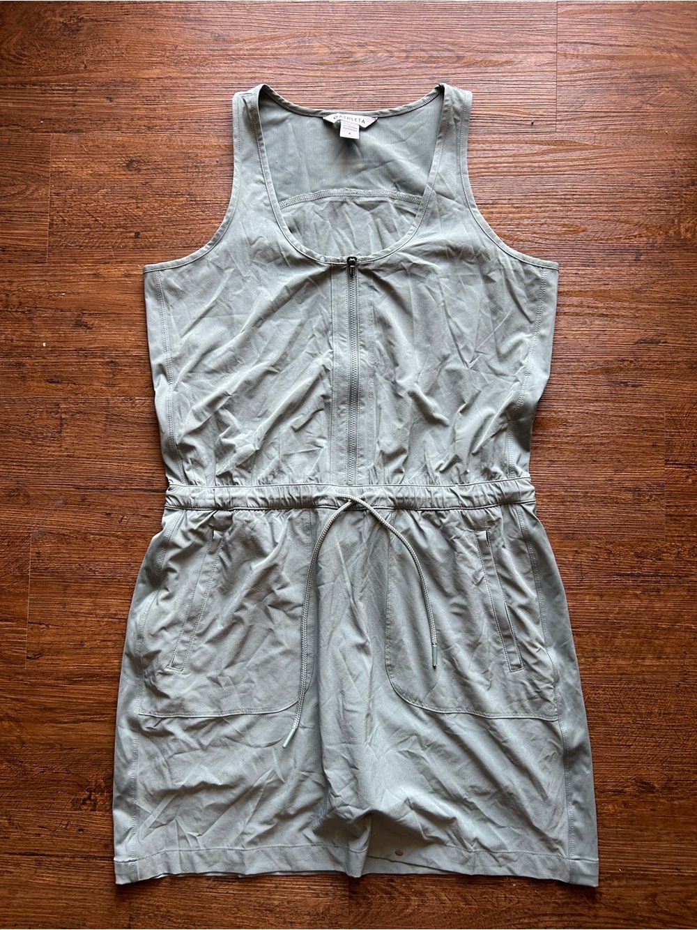 Athleta Expedition Sleeveless Sage Green Drawstring Romper Dress
